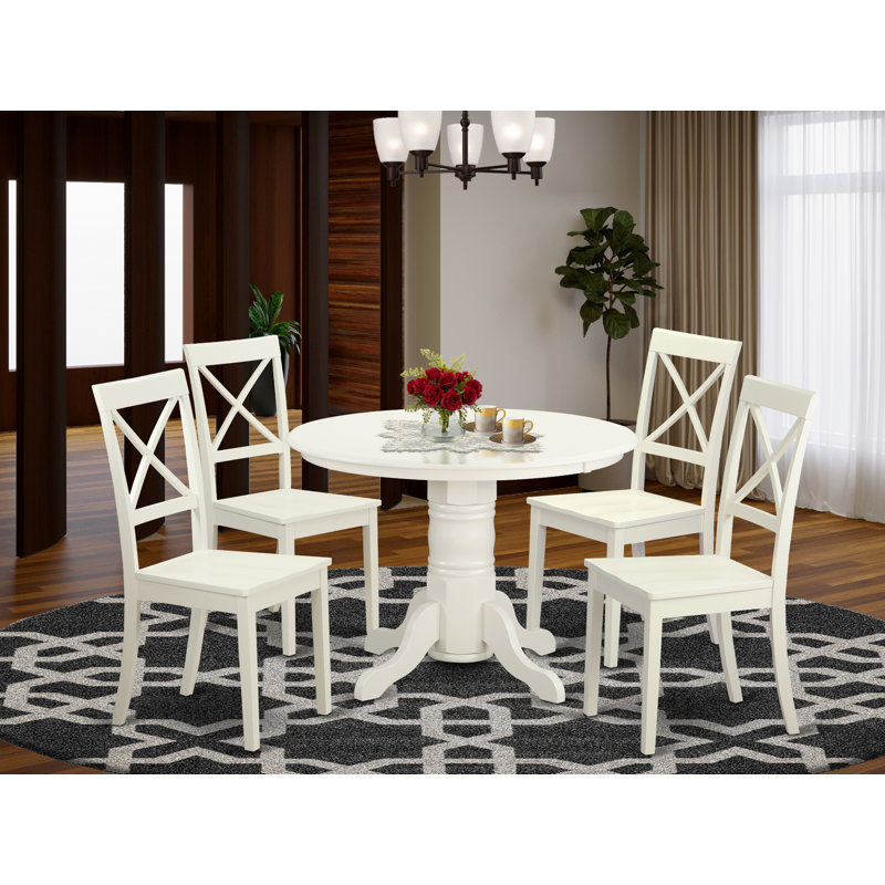 5 Piece Dining Room Table Set Includes a Round Wooden Table with Pedestal and 4 Kitchen Dining Chairs, Linen White