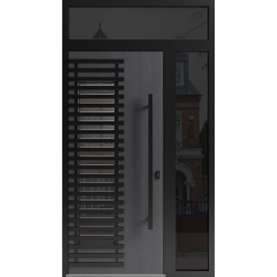 Porte d'entrée extérieure en aluminium Ronex 0633 grise, prémontée, en acier, métal peint, style moderne, largeur 91,4 cm + 30,5 cm x hauteur 203,2 cm + 40,6 cm, ouverture à droite vers l'intérieur