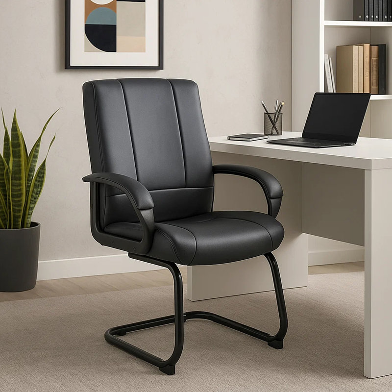 Fauteuil d'invité à dossier moyen Ruia, vinyle souple noir, base en porte-à-faux