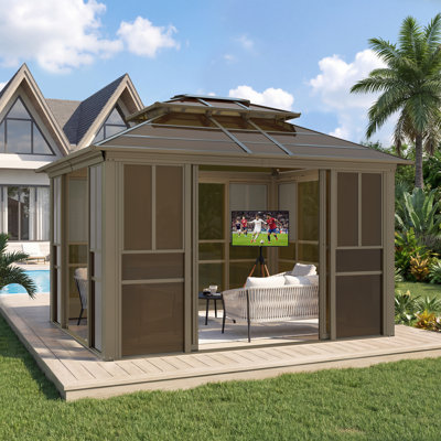 12 x 10 FT Outdoor Sunroom Gazebo, Enclosed Patio Sunroom with Polycarbonate Roof, Aluminum Frame Solarium, Sliding Door, Adjustable Window Panels & Mesh Screens for Backyard, Garden & Patio