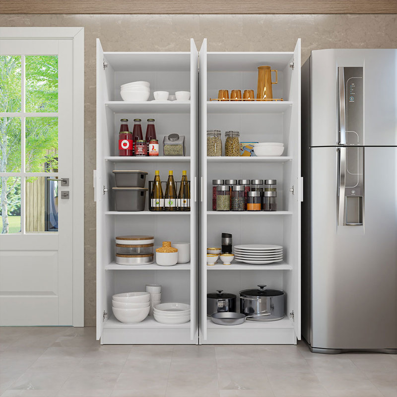 Madesa Kitchen Pantry Set Storage Cabinet 4 Doors 8 Utility Shelves 47"L Wooden Organization Unit for Kitchen 6 Adjustable Shelves Anti Tipping - White