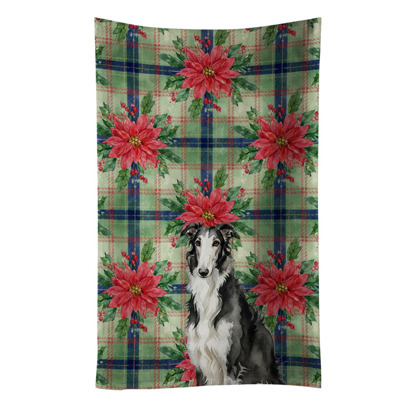 Black and White Borzoi Christmas PoinsettIas Kitchen Towel, Black/White Borzoi