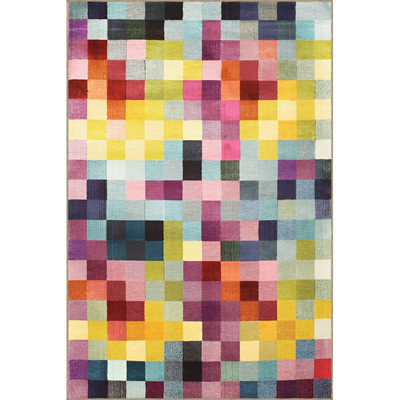 Tapis décoratif multicolore à motif carré multicolore lavable à la machine, Rectangle 3 pi 3 po x 4 pi 11 po