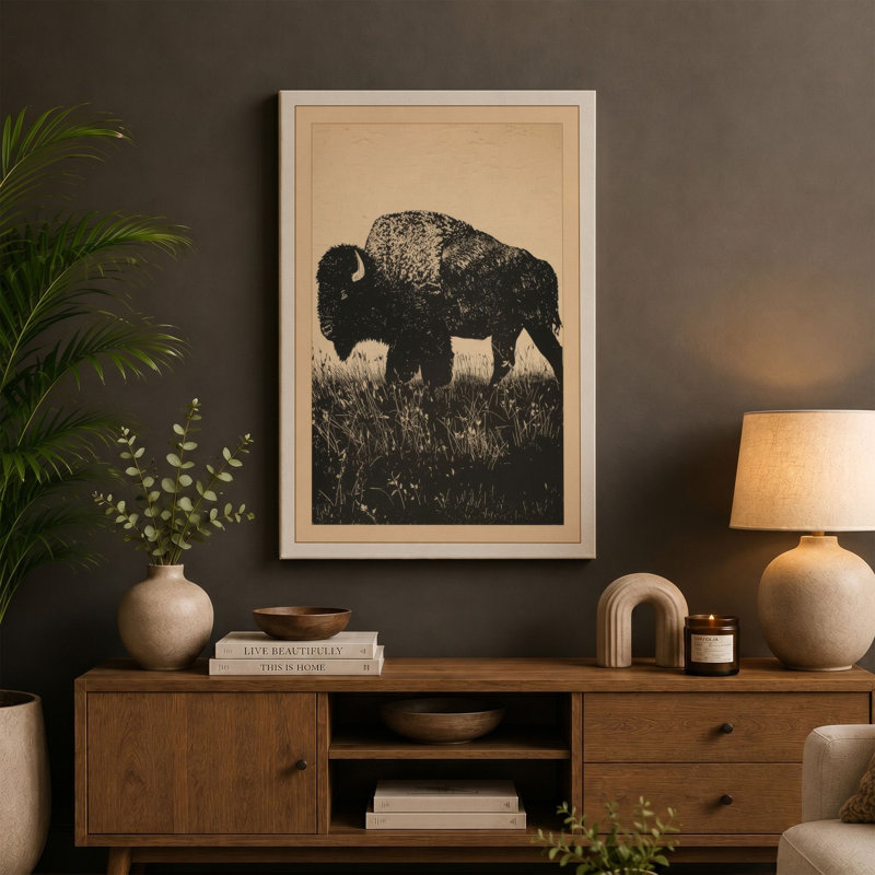 Bison Silhouette Rustic - Wrapped Canvas, 24x16 - 61.0 x 40.6 cm, Cream Border