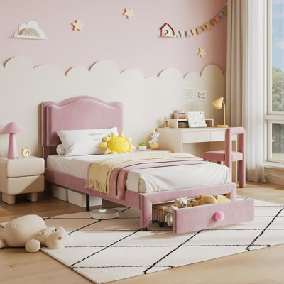 Structure de lit simple rembourré avec tiroir de rangement et tête de lit festonnée, cadres de lit plateforme pour enfants princesse, support de lattes en bois, aucun sommier nécessaire