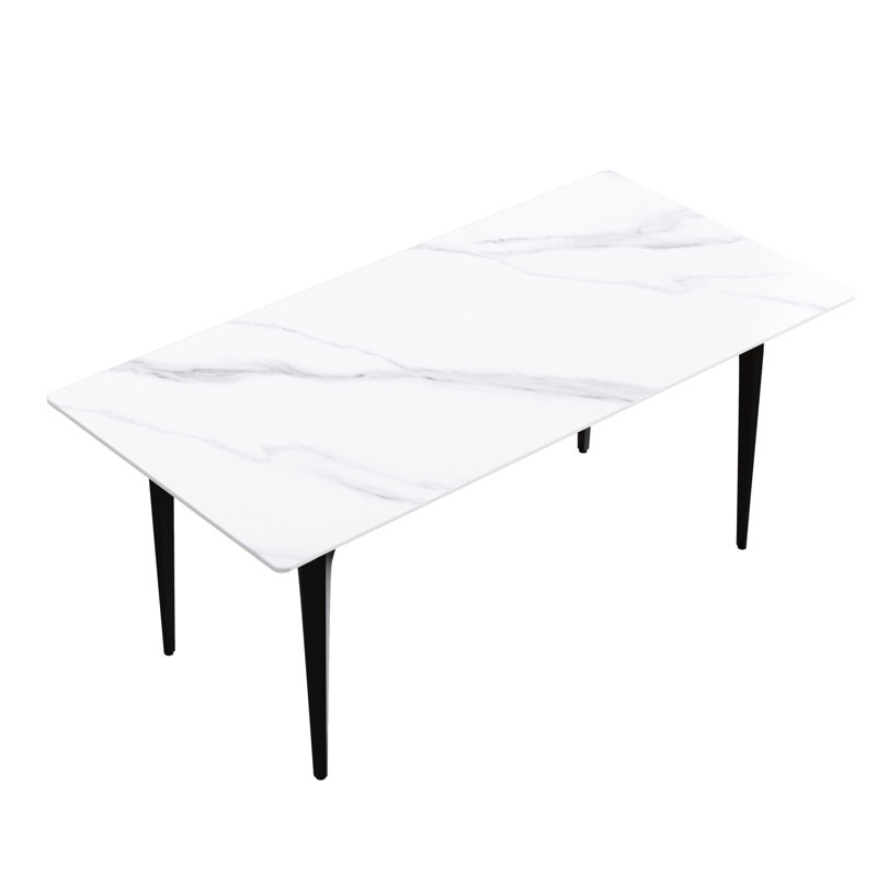 Table de salle à manger 71,71 po à bord droit blanc - surface en pierre frittée de 12 mm d'épaisseur, pieds en métal noir, peut accueillir 6 à 8 personnes, pour résister au stress, facile à nettoyer et à désinfecter, matériau moderne, croissance