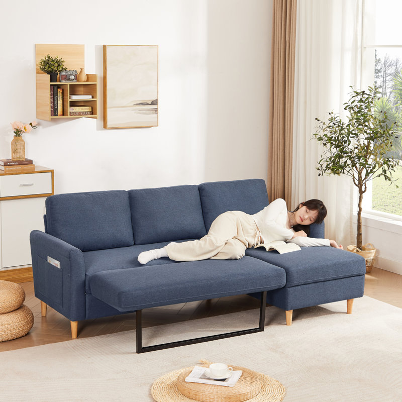 Canapé-lit modulaire moderne en L avec méridienne moderne et rembourré en tissu avec méridienne moderne, Bleu-gris
