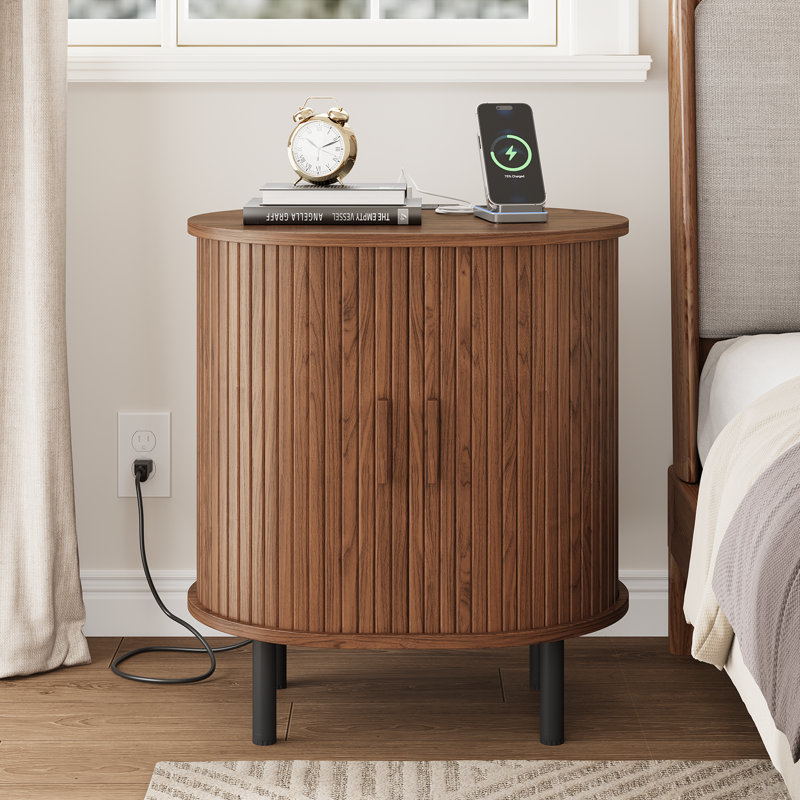 23.5"H Wooden Round End Table With Charging Station, Walnut, 1