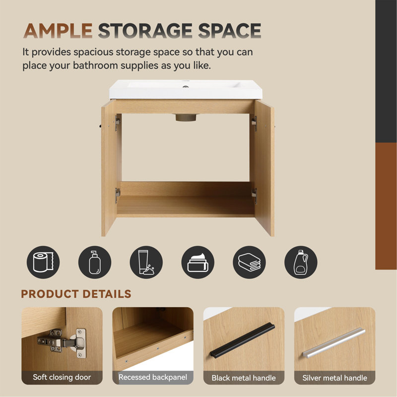Meuble-lavabo flottant 24 po avec lavabo, armoire en contreplaqué de chêne clair, rangement à double porte mural, avec comptoir en résine (ensemble de 2 pièces)