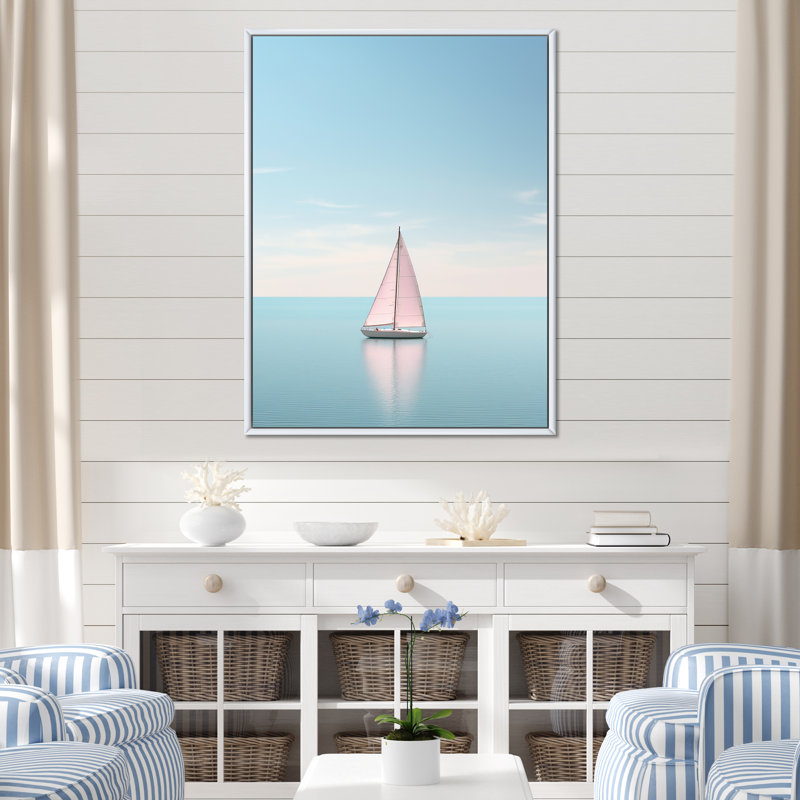 «Coastal Calm» rose et bleu voilier photo sur toile, H 32 po x l 16 po x P 1 po, Cadre flottant blanc