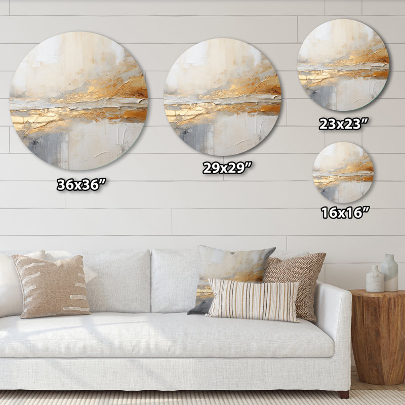 Fusion abstraite dorée et beige I - art métallique rond côtier, H 16 po x l 16 po