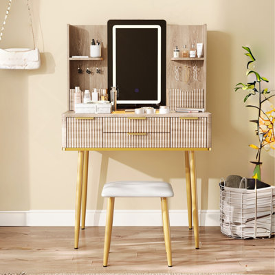 Bureau de coiffeuse avec miroir à DEL et détails sculptés, table de maquillage cannelée avec pieds en métal et tabouret en polyuréthane, coiffeuse sculptée avec rangement pour bijoux pour la chambre à coucher