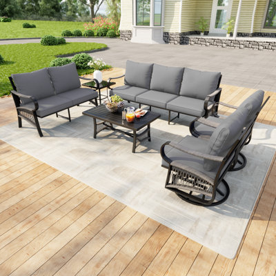 7 - Person Outdoor Metal Sectional Seating Group With Coffee Table And Swivel Chairs, All Weather Conversation Set With Gray Cushions