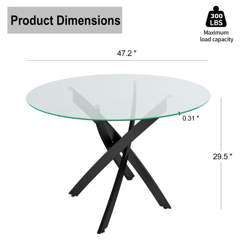 Table de salle à manger ronde en verre pour 4-6, base en métal robuste avec protecteurs de plancher antidérapants réglables - Table de cuisine moderne pour salle à manger, appartement, maison, condo