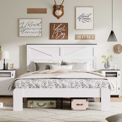 King Size Wood Platform Bed Frame with Headboard, Large Under-Bed Storage, Noise-Free, No Box Spring, White