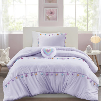 Édredon pour lit simple 3 pièces avec oreiller en cœur - Microfibre à pampilles multicolores lavande, glands de lavande décoratifs