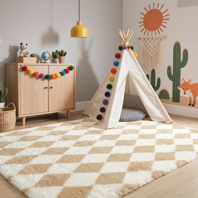Modern Beige/Brown Machine-Washable Checkered Shag Area Rug, Rectangle 5' x 7', Beige