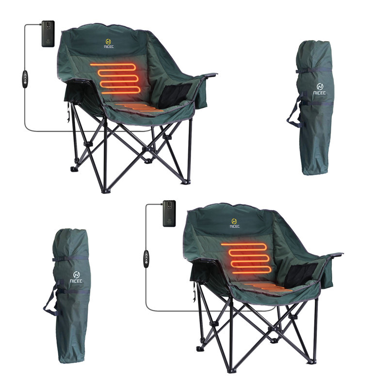 XL Heated Camping Chair, Oversized Padded Outdoor Chair with Cooler, Cupholder & Carry Bag (2 Pack)