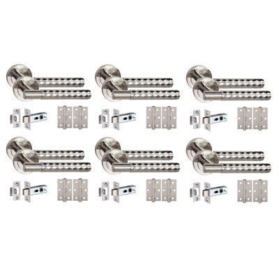 Golden Grace 6 Set Knurled Diamond Cut T-Bar Door Handle Set Satin Nickel Finish with Ball Bearing Hinges and Latch