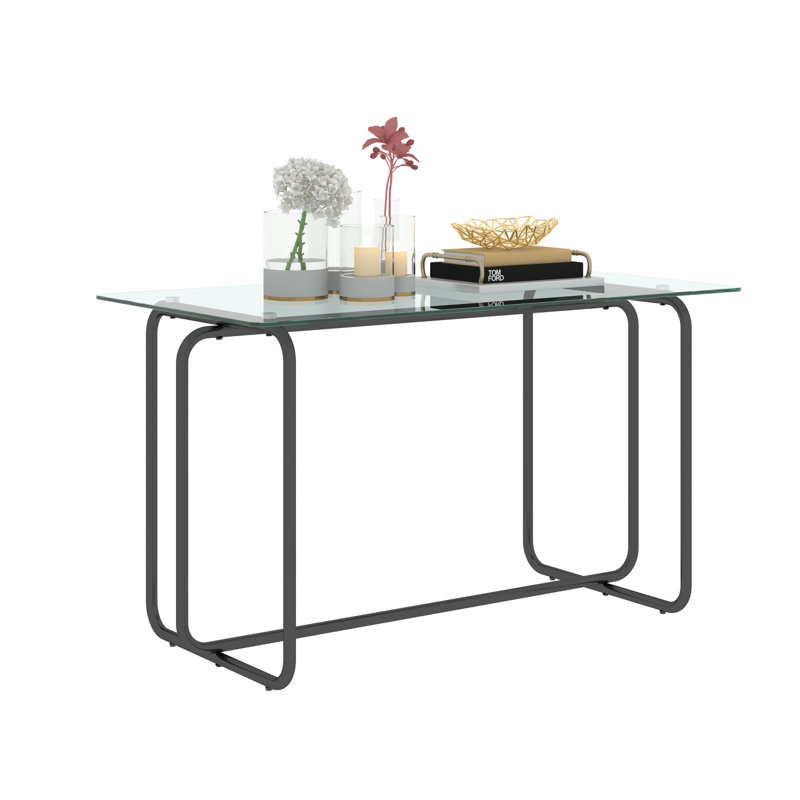 Table de salle à manger rectangulaire 1 pièce avec structure en métal, table de salle à manger en verre trempé pour la cuisine