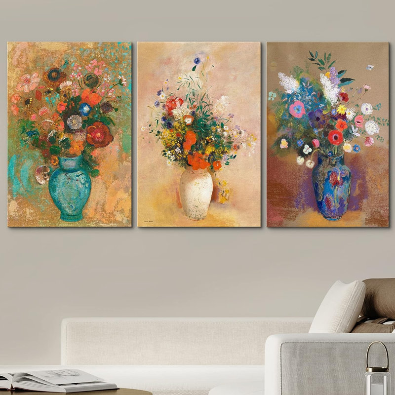 3 pièces dans des vases, H 24 po x l 16 po x P 1,5 po, Toile tendue