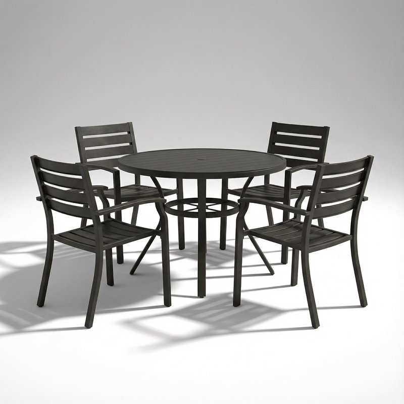 Ensemble repas d'extérieur 5 pièces avec table ronde en métal et 4 chaises empilables pour le jardin, la cour ou la terrasse