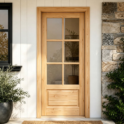 Solid Pine 6 - Lite Glass Exterior Door with Wood Frame, Unfinished Front Entry Door with Black Hinges