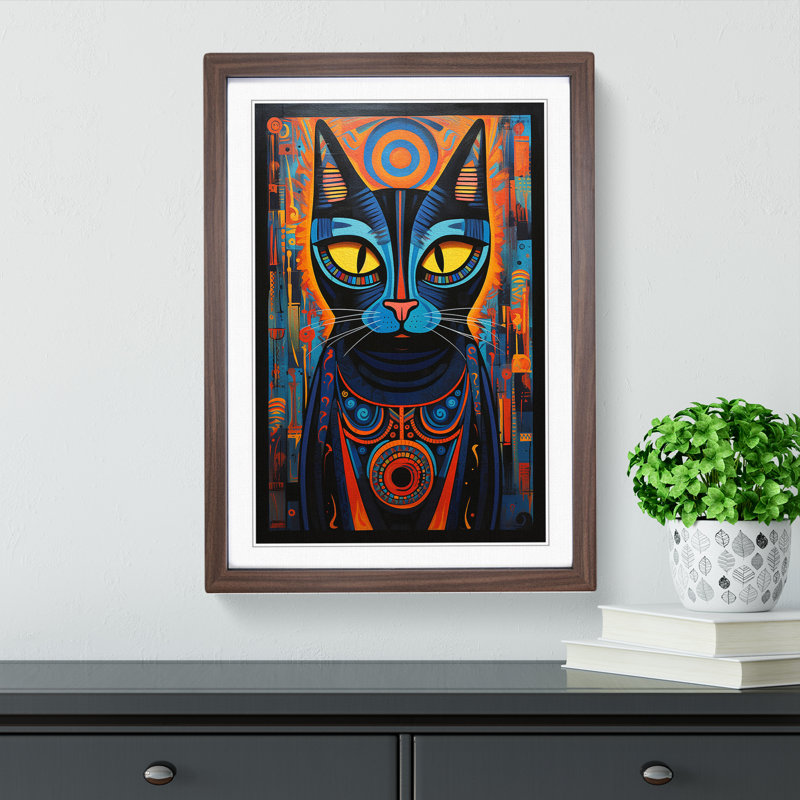 XYZ-FRM-V1223-615 Egyptian Cat Modern - Single Picture Frame Print on Wood, Walnut, 64cm H x 46cm W x 2cm D