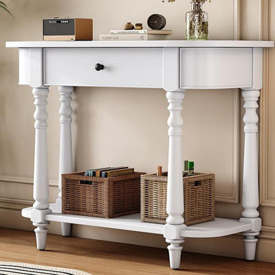 Trexm Narrow Console Table With Curved Corner, Retro Entryway Table With Top Drawer And Open Shelf, Sofa Table Console Tables For Entryway, Hallway And Living Room (White)