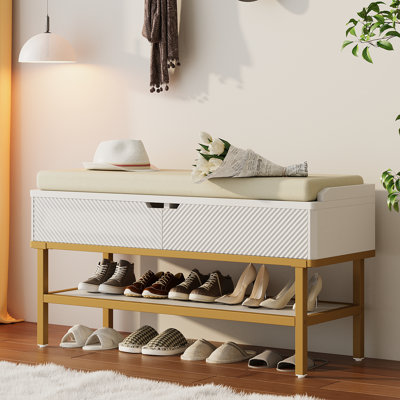 Brulee 39.37''×13'' Wooden Shoes Storage Bench With Cushion, Shoe Rack With Bench & 2Drawer & 1 Shelf, Mudroom Bench, Closet Bench, Small Bench Seat for Entryway & Hallway, Mid-Century Modern Style