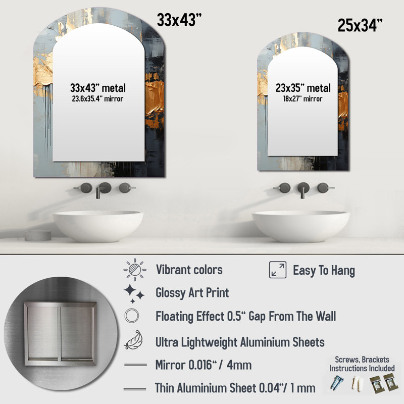 Gold and grey Modern liquid Shapes IV - Shapes Asymmetrical Large Wall Mirror, Modern Arch Unique Mirror, Printed Metal Art