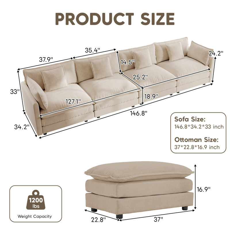 Clitheroe 5-Seaters 146.6" Modular L-Shaped Chenille Upholstered Sectional Sofa, with Movable Ottoman, Beige Chenille 