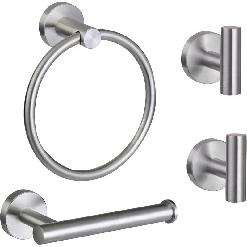 Stainless Steel Bathroom Hardware Set - Includes Towel Ring, Toilet Paper Holder, And 2 Robe Hooks - Durable 304 Stainless Steel With Modern Design