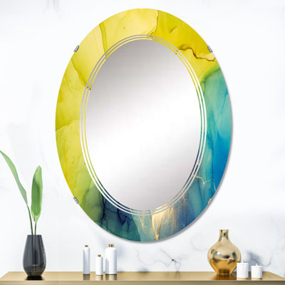 Jaune et bleu Marble Waves II - Miroir mural moderne