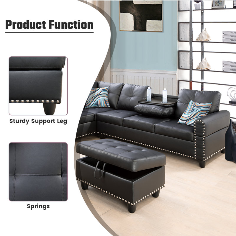 Plyler 97.2" Wide Modular Sectional with Ottoman, Black Faux Leather, Left Hand Facing
