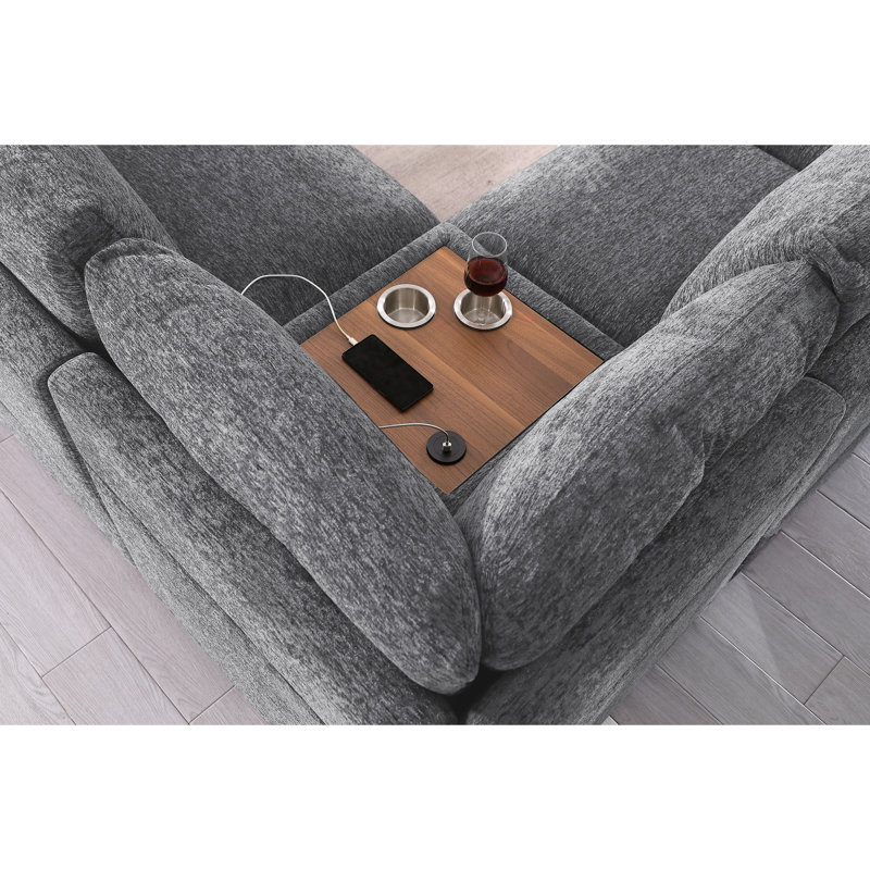 141.5" Chenille Fabric Corner Sectional Sofa With Right-Facing Chaise, Cupholders, And Charging Ports, Light Gray Chenille