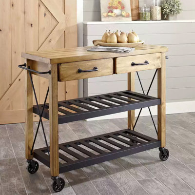 Chariot roulant pour îlot de cuisine avec tiroirs et tablettes de rangement ouvertes