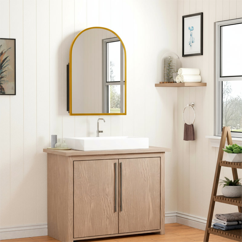 30"W×39"H Recessed or Surface Mount Arch Medicine Cabinet with Mirror with Metal Frame with Adjustable Shelf, Gold