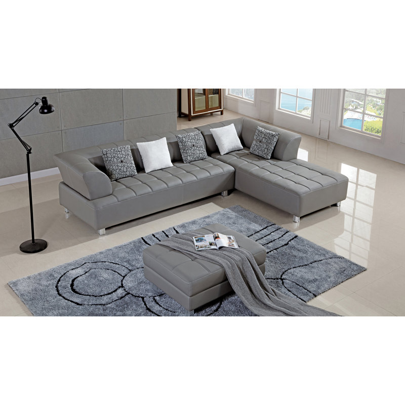 Henriquez Faux Leather L-Shaped Sectional, Gray Faux Leather, Right Hand Facing