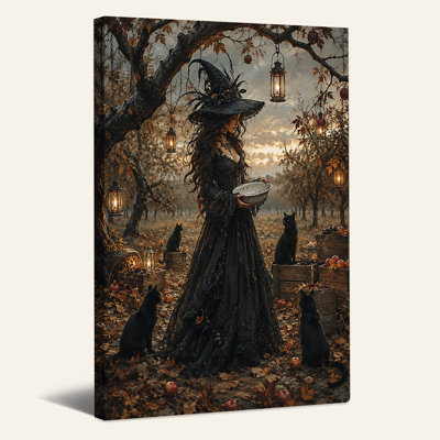 Art sur toile, sorcière avec chats noirs et lanternes en automne