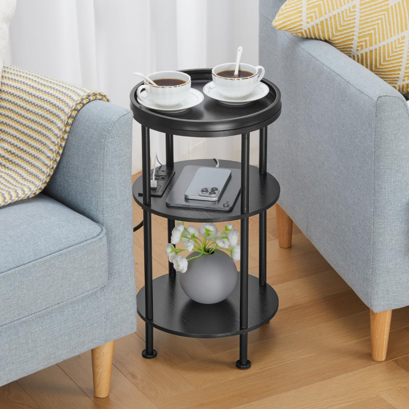 Round Accent Table - 3-Tier Charging Side Table with Power Outlets for Small Spaces, Black