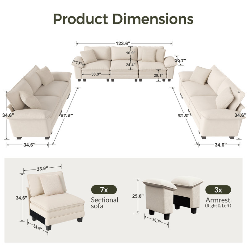 Ensemble de canapé modulaire rembourré 3 pièces, ensemble de canapé surdimensionné avec canapé et causeuse, Chenille ivoire