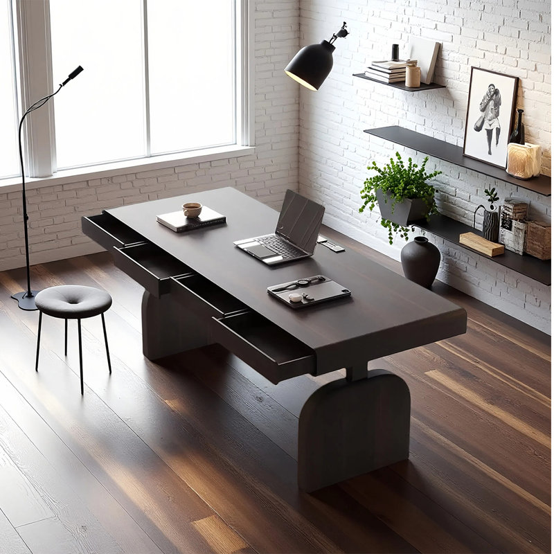 Smoky-colored wood electric height-adjus table, 28.53" H x 70.87" W x 27.56" D
