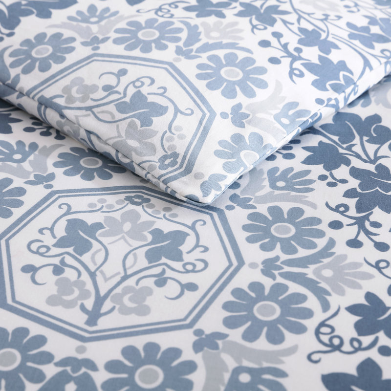 King White and Blue Cotton Reversible Comforter Set