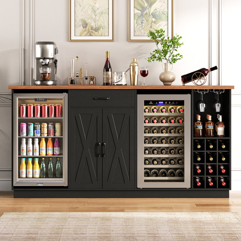Grande armoire à café de 78,74 po avec espace réfrigérateur, mini armoire réfrigérateur avec rangement, armoire à boissons alcoolisées avec support à vin, prises de courant pour le salon et la cuisine, noir 614589E4B2CD469B81683F76FBD98708