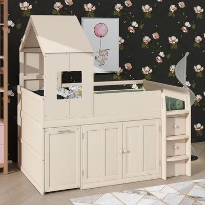 Lit mezzanine simple pour enfants et adolescents, livré avec bureau et armoire, maison en bois avec toit, tiroirs et rangement