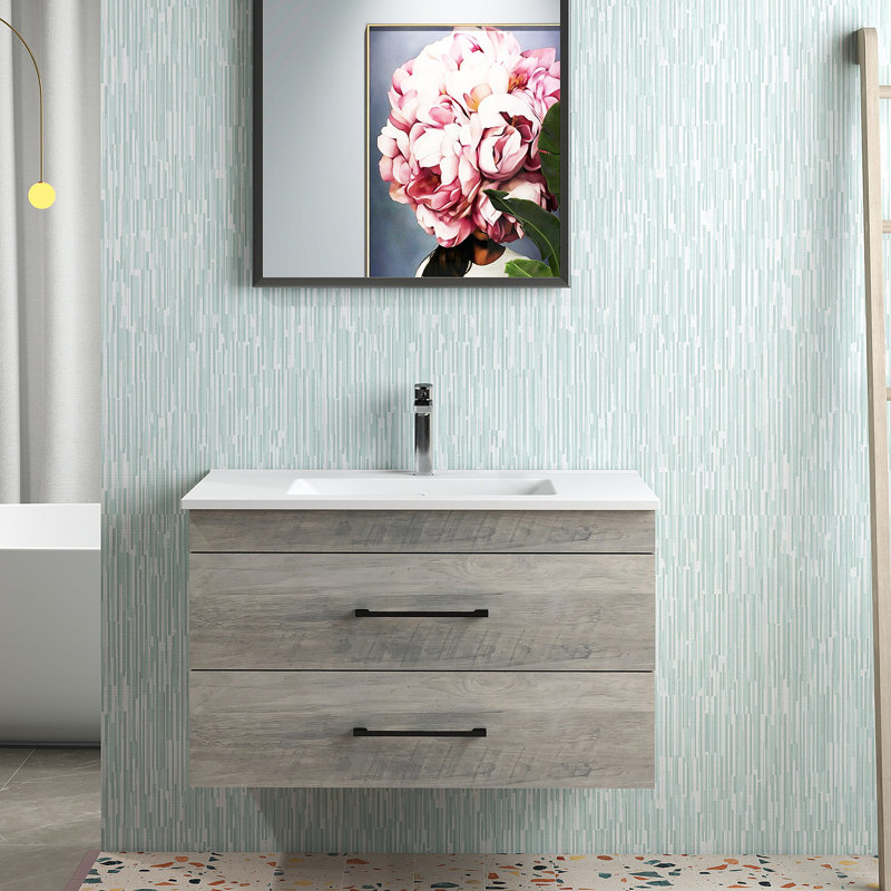 Meuble-lavabo mural en bois avec tiroirs doubles, système de fermeture en douceur, lavabo en céramique - créez un espace de salle de bain moderne et minimaliste!