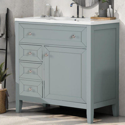 Meuble-lavabo en bois massif avec lavabo en céramique - Rangement réglable et tiroir à fermeture en douceur