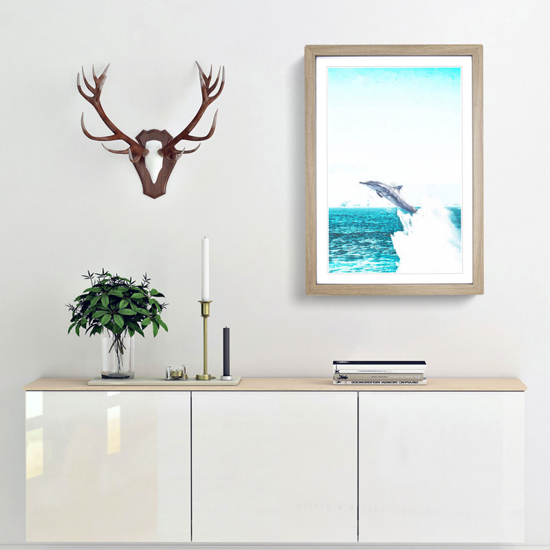 Jumping Dolphin Abstract Art - Framed Print, Oak, 60cm H x 40cm W x 2cm D