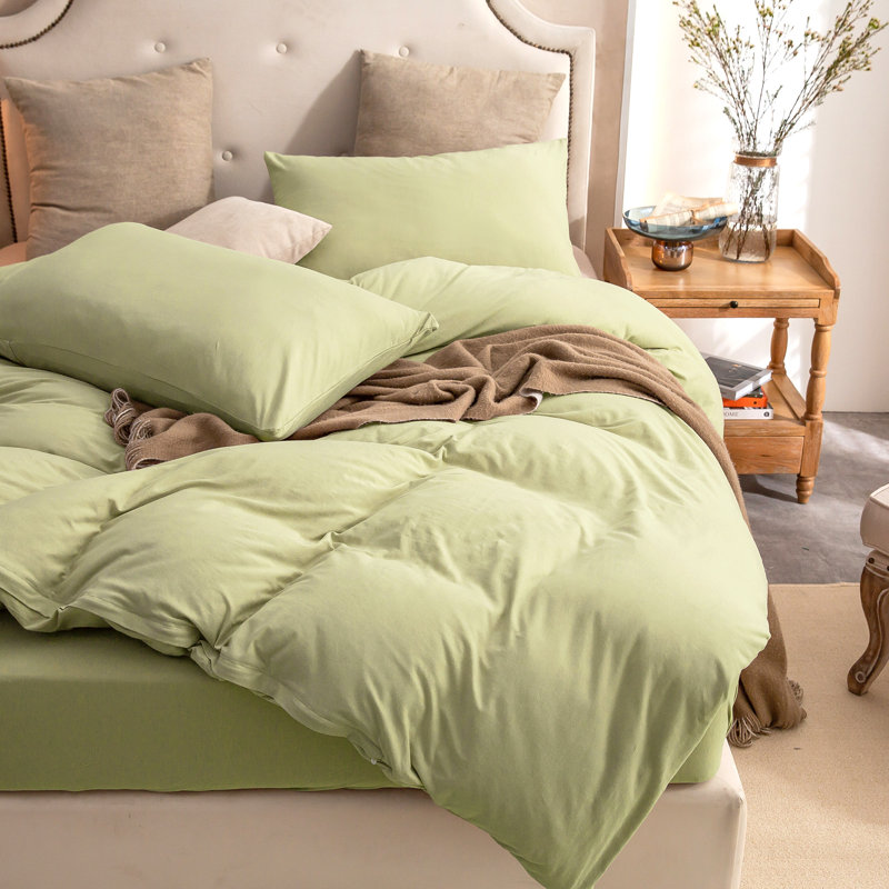 HOME BEDDING Jersey Cotton Duvet Cover Set, King Duvet Cover + 2 King Shams, Lemon Green